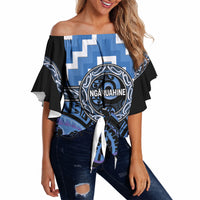 Aotearoa Ngaruahine Personalised Off Shoulder Wrap Waist Top Maori Iwi Poutama Puhoro Tattoo LT14 Blue - Polynesian Pride