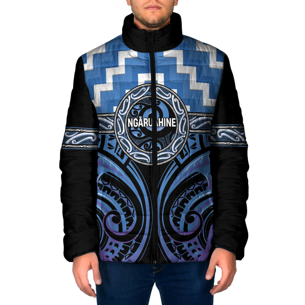 Aotearoa Ngaruahine Personalised Padded Jacket Maori Iwi Poutama Puhoro Tattoo LT14 Men Blue - Polynesian Pride