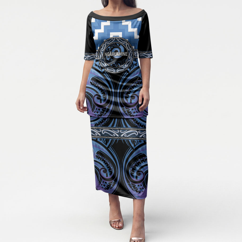 Aotearoa Ngaruahine Personalised Puletasi Maori Iwi Poutama Puhoro Tattoo LT14 Long Dress Blue - Polynesian Pride