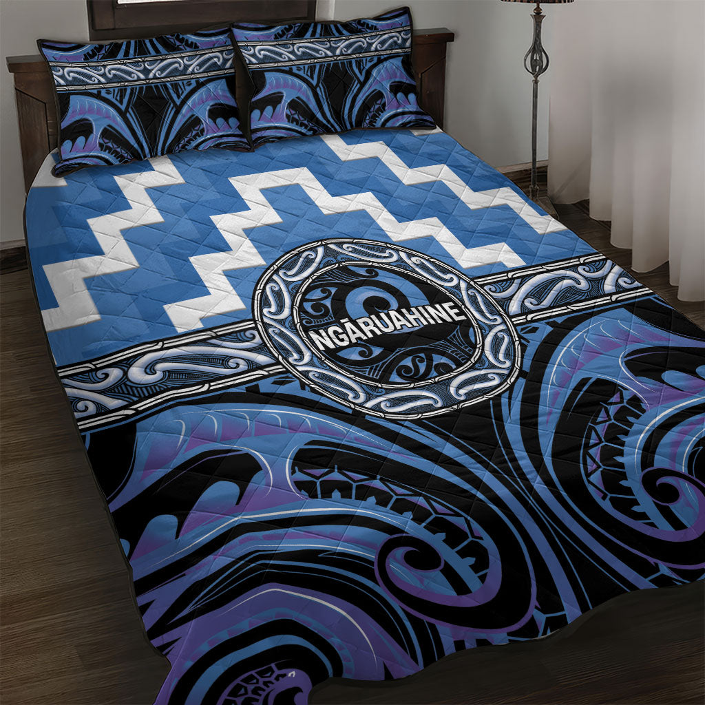 Aotearoa Ngaruahine Quilt Bed Set Maori Iwi Poutama Puhoro Tattoo LT14 Blue - Polynesian Pride