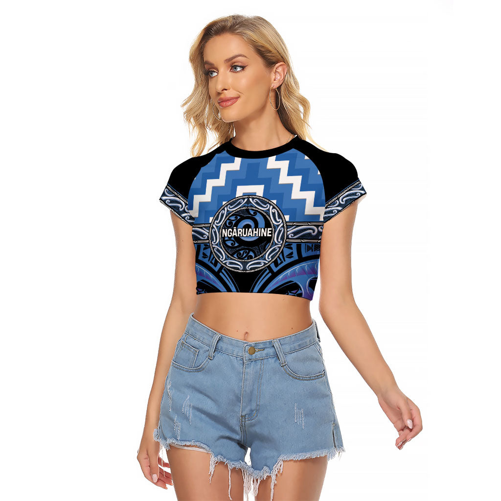 Aotearoa Ngaruahine Personalised Raglan Cropped T Shirt Maori Iwi Poutama Puhoro Tattoo LT14 Female Blue - Polynesian Pride
