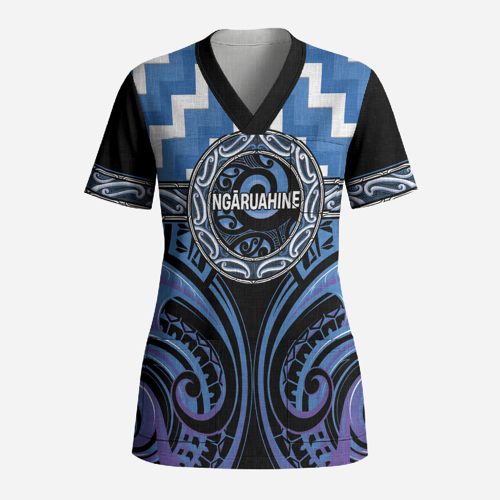 Aotearoa Ngaruahine Personalised Scrub Top Maori Iwi Poutama Puhoro Tattoo LT14 Adult Blue - Polynesian Pride