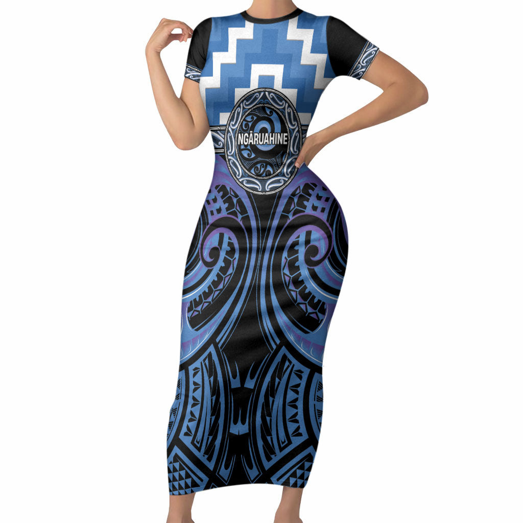 Aotearoa Ngaruahine Personalised Short Sleeve Bodycon Dress Maori Iwi Poutama Puhoro Tattoo LT14 Long Dress Blue - Polynesian Pride