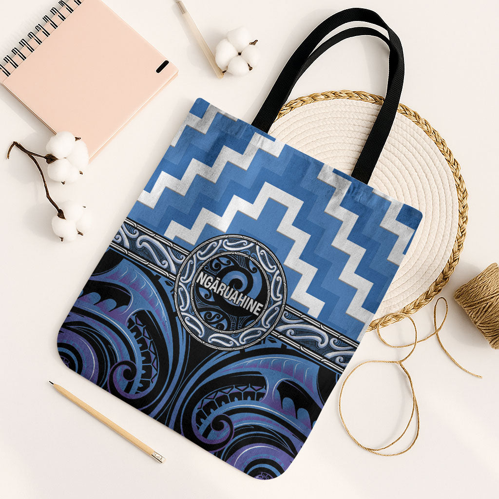 Aotearoa Ngaruahine Tote Bag Maori Iwi Poutama Puhoro Tattoo LT14 Black Strap One Size Blue - Polynesian Pride