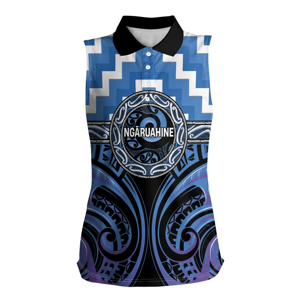 Aotearoa Ngaruahine Personalised Women Sleeveless Polo Shirt Maori Iwi Poutama Puhoro Tattoo LT14 Female Blue - Polynesian Pride