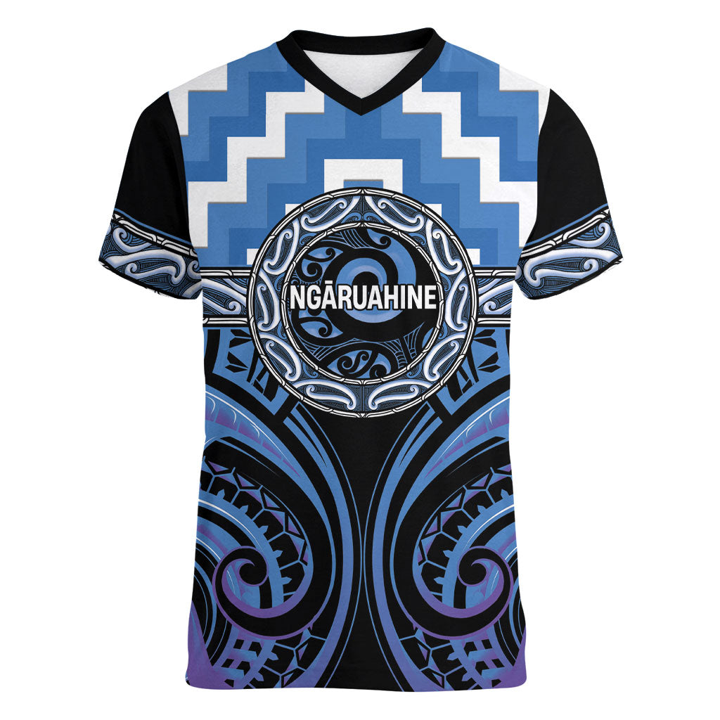 Aotearoa Ngaruahine Personalised Women V-Neck T-Shirt Maori Iwi Poutama Puhoro Tattoo LT14 Female Blue - Polynesian Pride