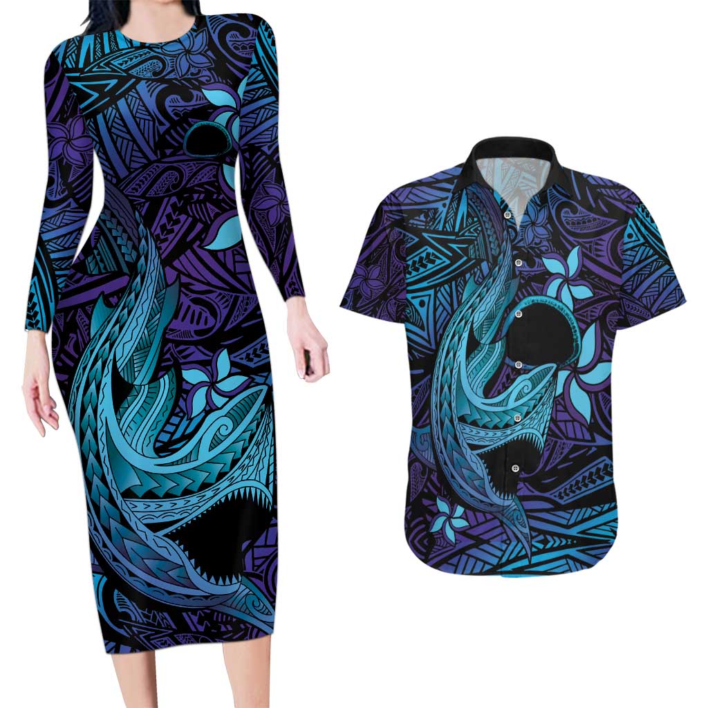 Nukuoro Atoll Couples Matching Long Sleeve Bodycon Dress and Hawaiian Shirt Polynesian Shark Tattoo Purple Gradient Vibes LT14 Purple - Polynesian Pride