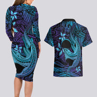 Nukuoro Atoll Couples Matching Long Sleeve Bodycon Dress and Hawaiian Shirt Polynesian Shark Tattoo Purple Gradient Vibes LT14 - Polynesian Pride