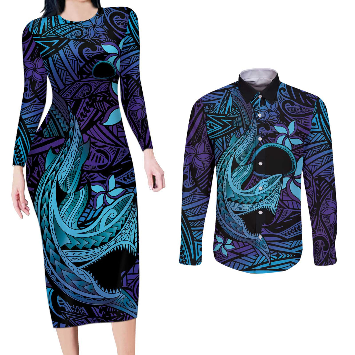 Nukuoro Atoll Couples Matching Long Sleeve Bodycon Dress and Long Sleeve Button Shirt Polynesian Shark Tattoo Purple Gradient Vibes LT14 Purple - Polynesian Pride
