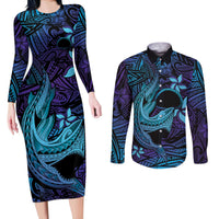 Nukuoro Atoll Couples Matching Long Sleeve Bodycon Dress and Long Sleeve Button Shirt Polynesian Shark Tattoo Purple Gradient Vibes LT14 Purple - Polynesian Pride