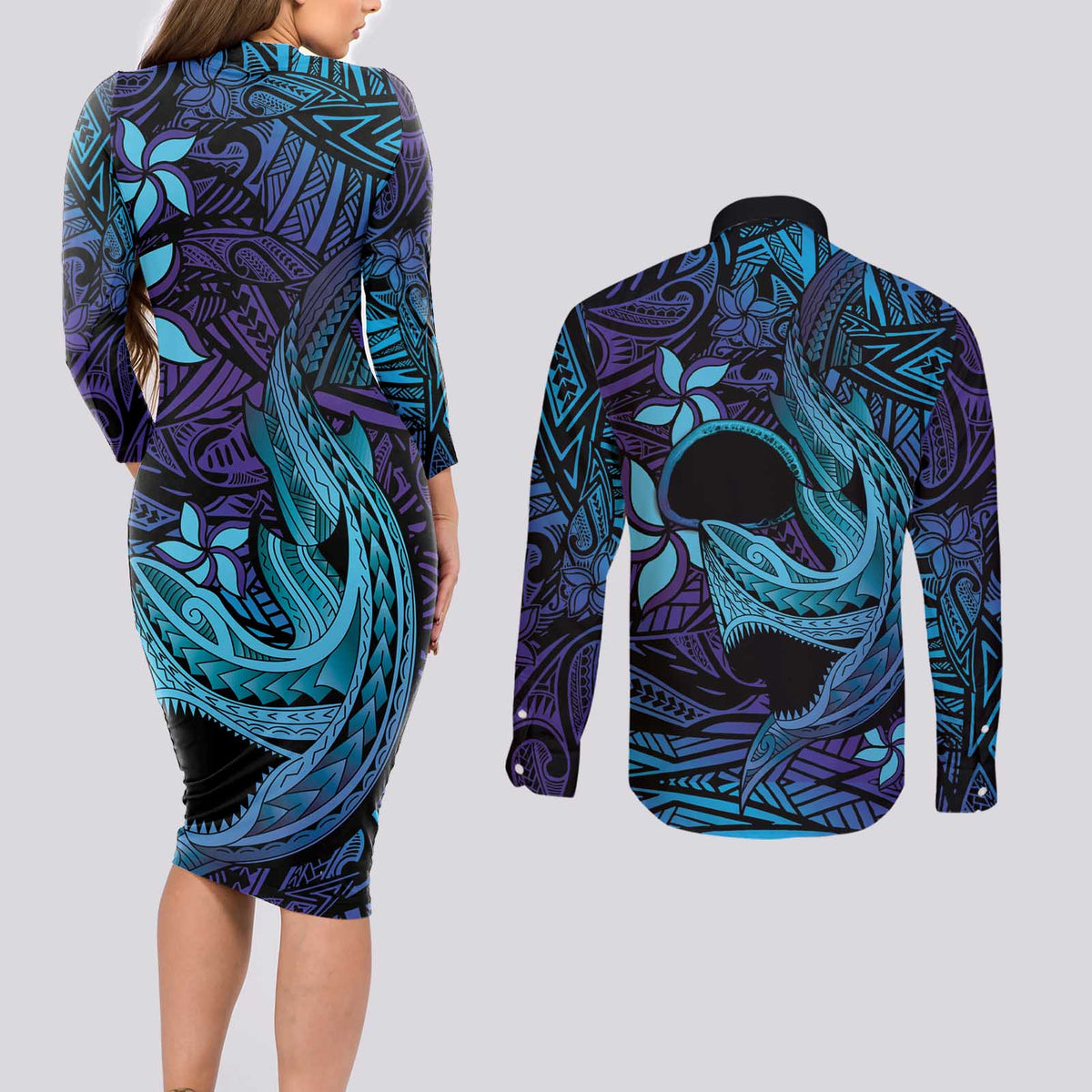 Nukuoro Atoll Couples Matching Long Sleeve Bodycon Dress and Long Sleeve Button Shirt Polynesian Shark Tattoo Purple Gradient Vibes LT14 - Polynesian Pride