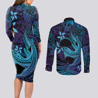 Nukuoro Atoll Couples Matching Long Sleeve Bodycon Dress and Long Sleeve Button Shirt Polynesian Shark Tattoo Purple Gradient Vibes LT14 - Polynesian Pride