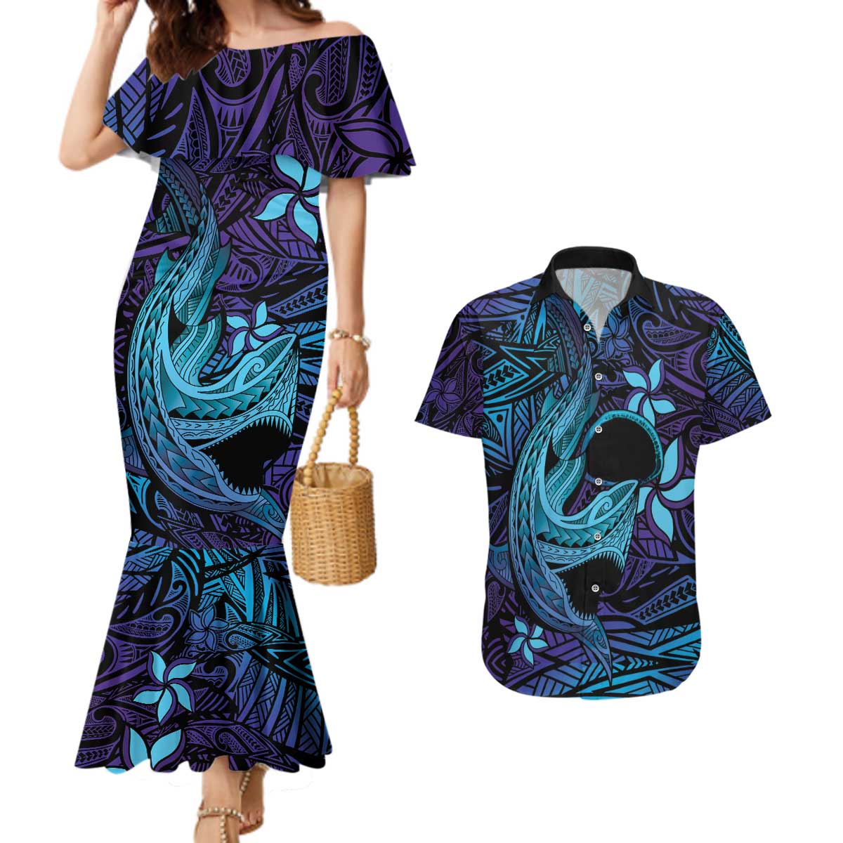Nukuoro Atoll Couples Matching Mermaid Dress and Hawaiian Shirt Polynesian Shark Tattoo Purple Gradient Vibes LT14 Purple - Polynesian Pride