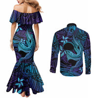 Nukuoro Atoll Couples Matching Mermaid Dress and Long Sleeve Button Shirt Polynesian Shark Tattoo Purple Gradient Vibes LT14 - Polynesian Pride