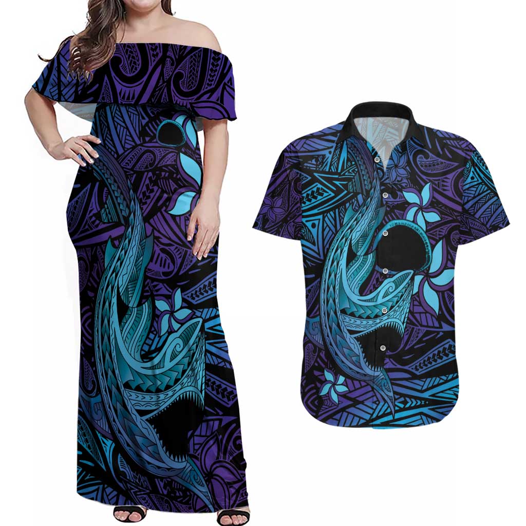 Nukuoro Atoll Couples Matching Off Shoulder Maxi Dress and Hawaiian Shirt Polynesian Shark Tattoo Purple Gradient Vibes LT14 Purple - Polynesian Pride
