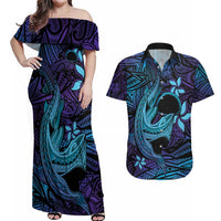 Nukuoro Atoll Couples Matching Off Shoulder Maxi Dress and Hawaiian Shirt Polynesian Shark Tattoo Purple Gradient Vibes LT14 Purple - Polynesian Pride