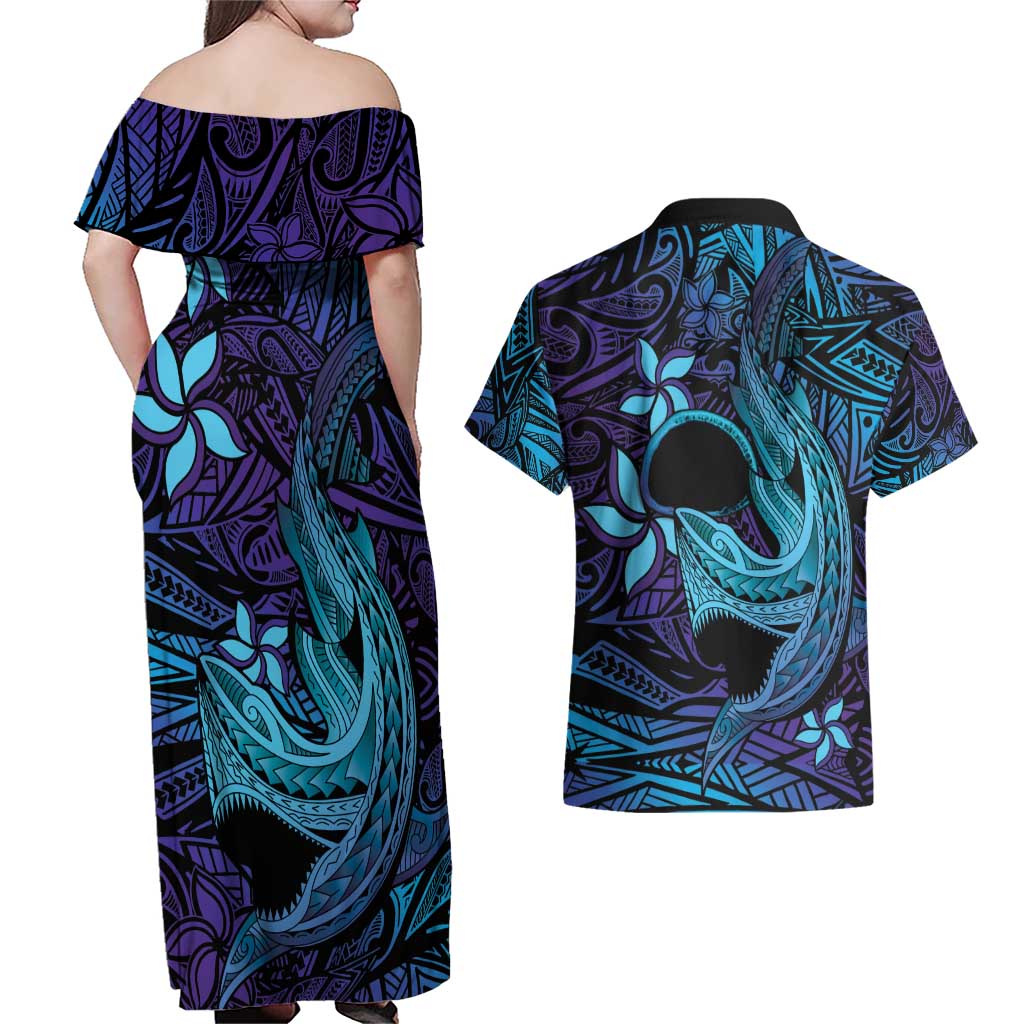 Nukuoro Atoll Couples Matching Off Shoulder Maxi Dress and Hawaiian Shirt Polynesian Shark Tattoo Purple Gradient Vibes LT14 - Polynesian Pride