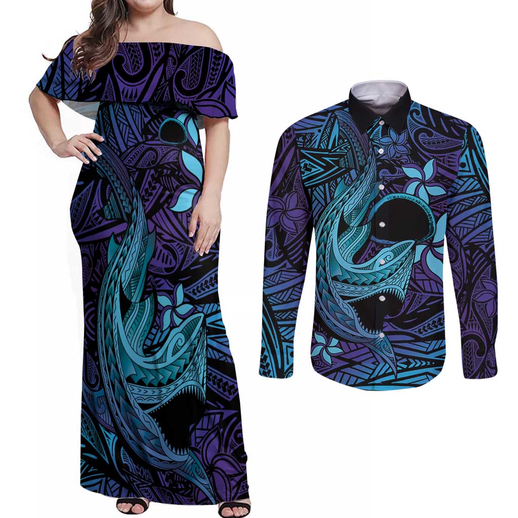 Nukuoro Atoll Couples Matching Off Shoulder Maxi Dress and Long Sleeve Button Shirt Polynesian Shark Tattoo Purple Gradient Vibes LT14 Purple - Polynesian Pride