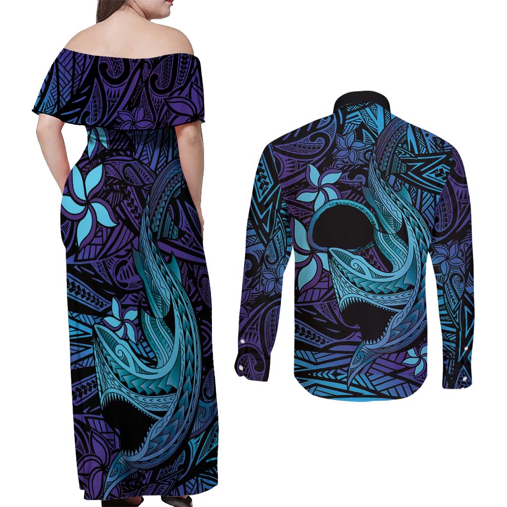 Nukuoro Atoll Couples Matching Off Shoulder Maxi Dress and Long Sleeve Button Shirt Polynesian Shark Tattoo Purple Gradient Vibes LT14 - Polynesian Pride