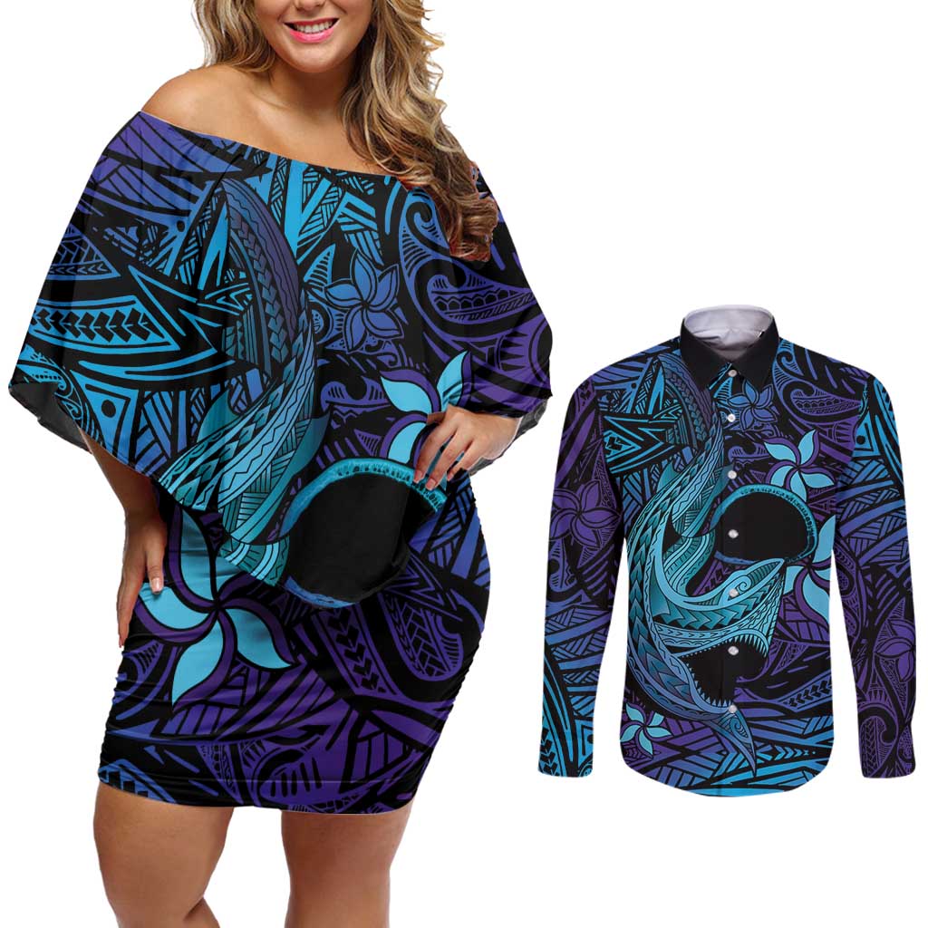Nukuoro Atoll Couples Matching Off Shoulder Short Dress and Long Sleeve Button Shirt Polynesian Shark Tattoo Purple Gradient Vibes LT14 Purple - Polynesian Pride