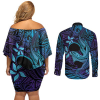 Nukuoro Atoll Couples Matching Off Shoulder Short Dress and Long Sleeve Button Shirt Polynesian Shark Tattoo Purple Gradient Vibes LT14 - Polynesian Pride