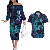 Nukuoro Atoll Couples Matching Off The Shoulder Long Sleeve Dress and Hawaiian Shirt Polynesian Shark Tattoo Purple Gradient Vibes LT14 Purple - Polynesian Pride