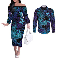 Nukuoro Atoll Couples Matching Off The Shoulder Long Sleeve Dress and Long Sleeve Button Shirt Polynesian Shark Tattoo Purple Gradient Vibes LT14 Purple - Polynesian Pride