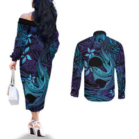 Nukuoro Atoll Couples Matching Off The Shoulder Long Sleeve Dress and Long Sleeve Button Shirt Polynesian Shark Tattoo Purple Gradient Vibes LT14 - Polynesian Pride