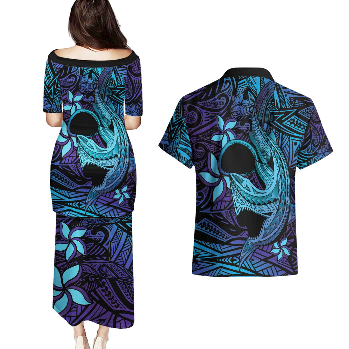 Nukuoro Atoll Couples Matching Puletasi and Hawaiian Shirt Polynesian Shark Tattoo Purple Gradient Vibes LT14 - Polynesian Pride