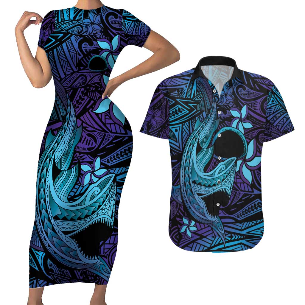 Nukuoro Atoll Couples Matching Short Sleeve Bodycon Dress and Hawaiian Shirt Polynesian Shark Tattoo Purple Gradient Vibes LT14 Purple - Polynesian Pride
