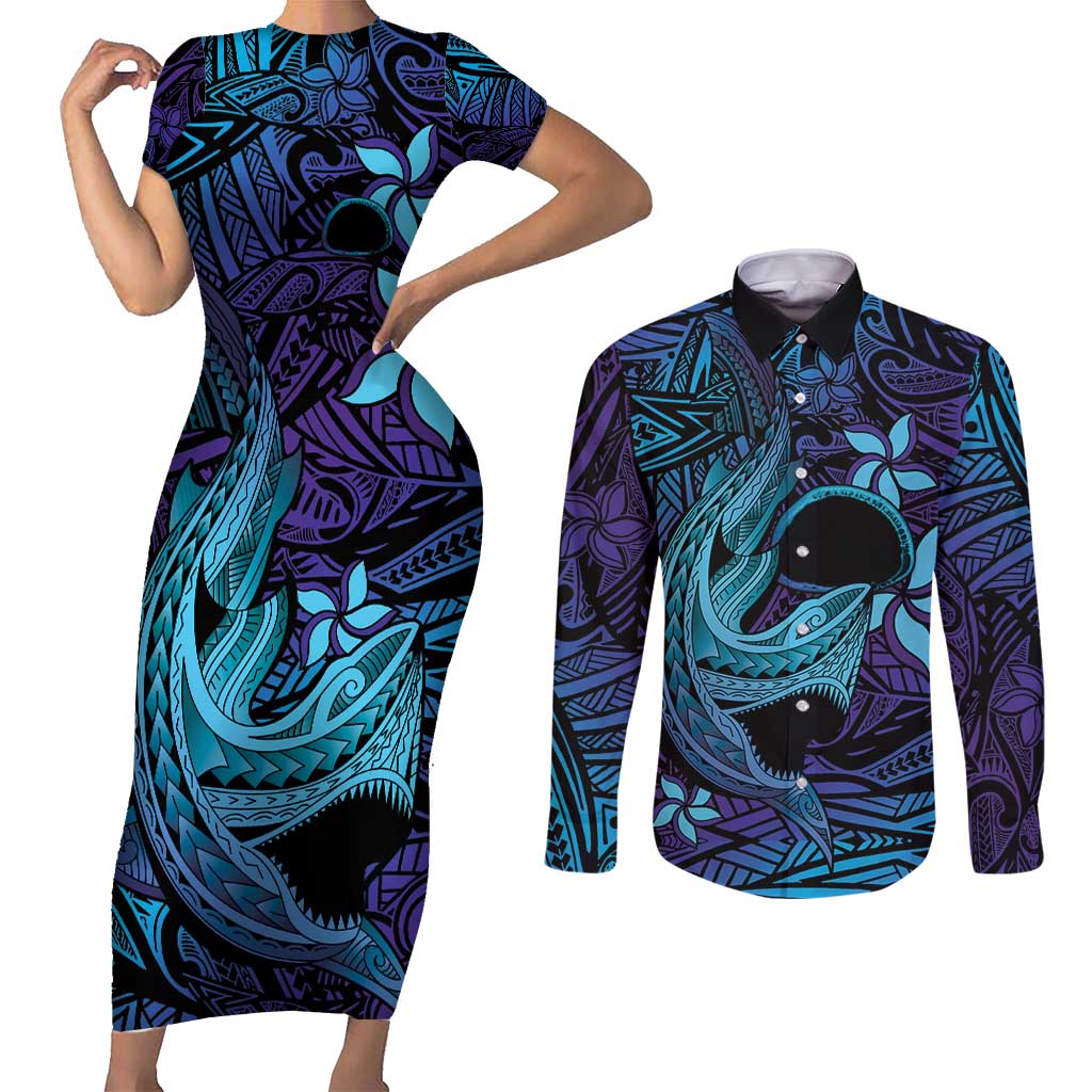 Nukuoro Atoll Couples Matching Short Sleeve Bodycon Dress and Long Sleeve Button Shirt Polynesian Shark Tattoo Purple Gradient Vibes LT14 Purple - Polynesian Pride