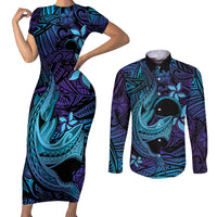 Nukuoro Atoll Couples Matching Short Sleeve Bodycon Dress and Long Sleeve Button Shirt Polynesian Shark Tattoo Purple Gradient Vibes LT14 Purple - Polynesian Pride