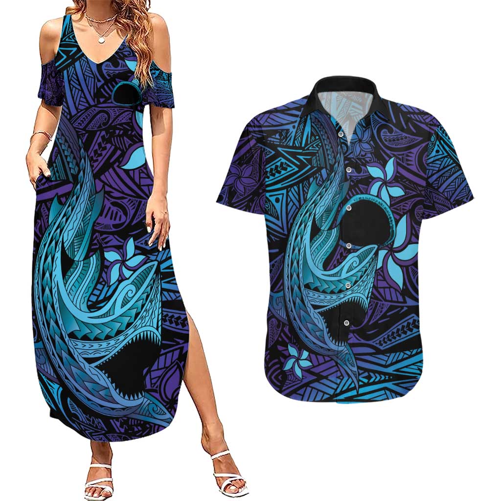 Nukuoro Atoll Couples Matching Summer Maxi Dress and Hawaiian Shirt Polynesian Shark Tattoo Purple Gradient Vibes LT14 Purple - Polynesian Pride