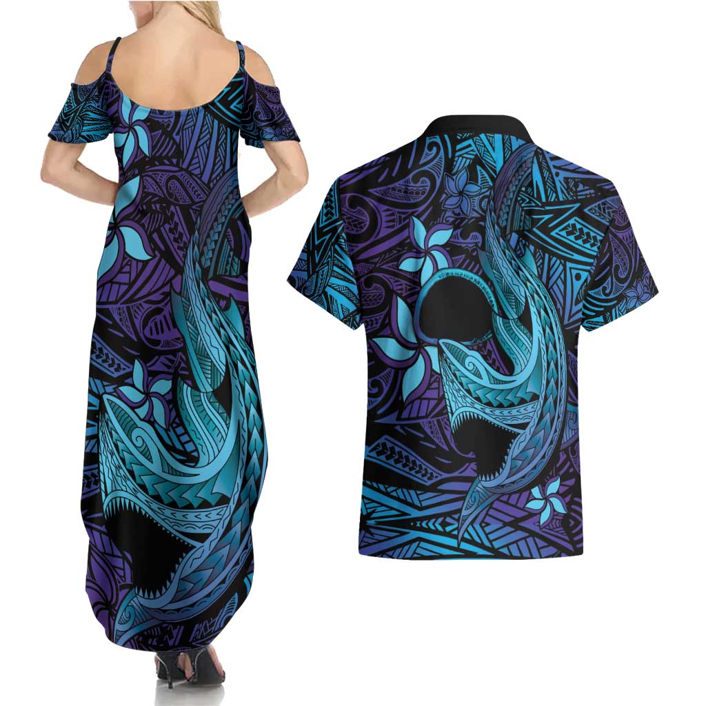 Nukuoro Atoll Couples Matching Summer Maxi Dress and Hawaiian Shirt Polynesian Shark Tattoo Purple Gradient Vibes LT14 - Polynesian Pride