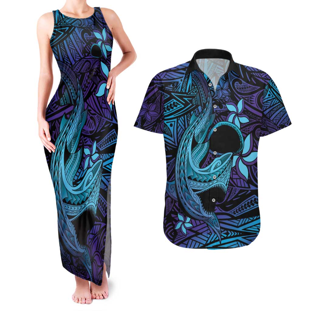 Nukuoro Atoll Couples Matching Tank Maxi Dress and Hawaiian Shirt Polynesian Shark Tattoo Purple Gradient Vibes LT14 Purple - Polynesian Pride
