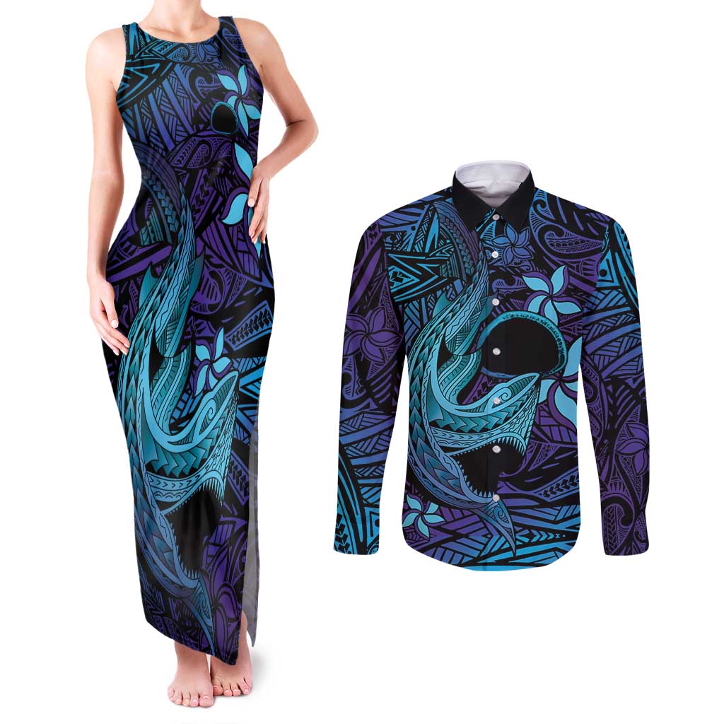 Nukuoro Atoll Couples Matching Tank Maxi Dress and Long Sleeve Button Shirt Polynesian Shark Tattoo Purple Gradient Vibes LT14 Purple - Polynesian Pride