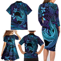 Nukuoro Atoll Family Matching Long Sleeve Bodycon Dress and Hawaiian Shirt Polynesian Shark Tattoo Purple Gradient Vibes LT14 - Polynesian Pride