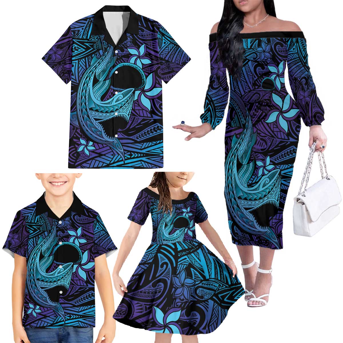 Nukuoro Atoll Family Matching Off The Shoulder Long Sleeve Dress and Hawaiian Shirt Polynesian Shark Tattoo Purple Gradient Vibes LT14 - Polynesian Pride