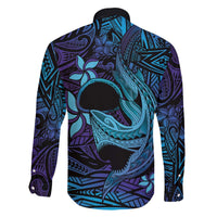 Nukuoro Atoll Family Matching Off The Shoulder Long Sleeve Dress and Hawaiian Shirt Polynesian Shark Tattoo Purple Gradient Vibes LT14 - Polynesian Pride