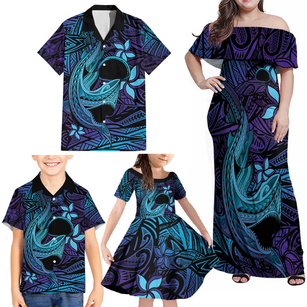 Nukuoro Atoll Family Matching Off Shoulder Maxi Dress and Hawaiian Shirt Polynesian Shark Tattoo Purple Gradient Vibes LT14 - Polynesian Pride