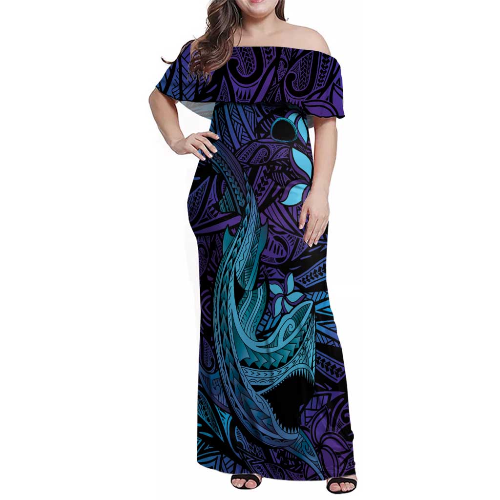 Nukuoro Atoll Family Matching Off Shoulder Maxi Dress and Hawaiian Shirt Polynesian Shark Tattoo Purple Gradient Vibes LT14 Mom's Dress Purple - Polynesian Pride