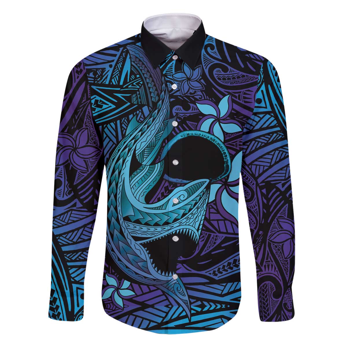 Nukuoro Atoll Family Matching Off Shoulder Short Dress and Hawaiian Shirt Polynesian Shark Tattoo Purple Gradient Vibes LT14 Dad's Shirt - Long Sleeve Purple - Polynesian Pride