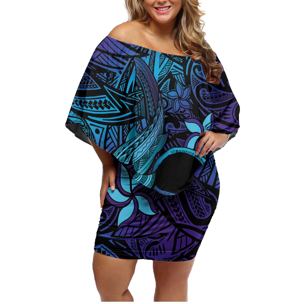 Nukuoro Atoll Family Matching Off Shoulder Short Dress and Hawaiian Shirt Polynesian Shark Tattoo Purple Gradient Vibes LT14 Mom's Dress Purple - Polynesian Pride