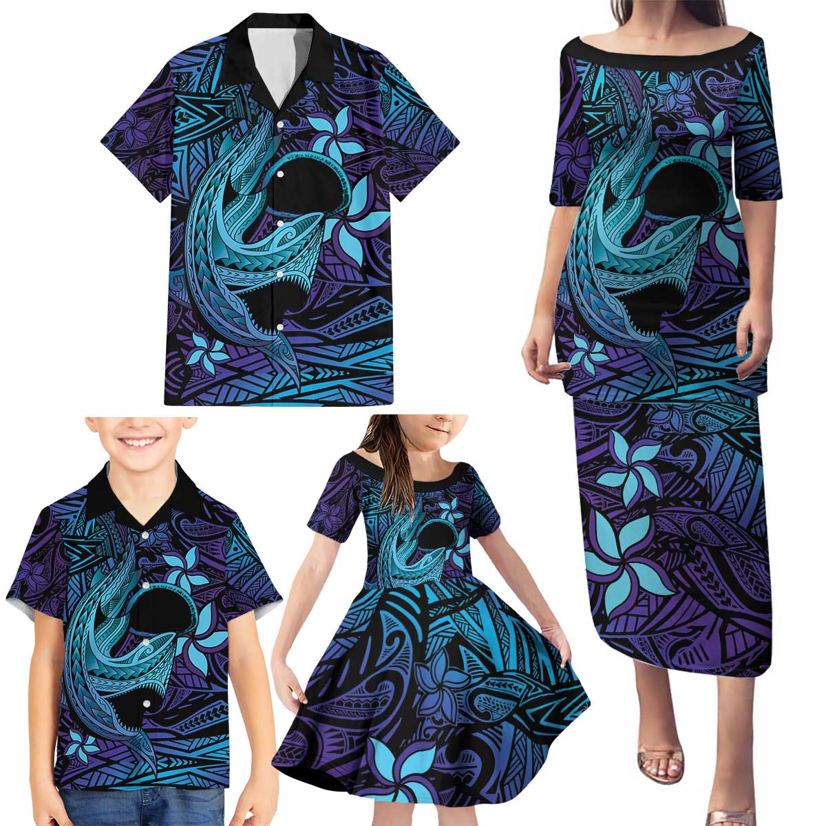 Nukuoro Atoll Family Matching Puletasi and Hawaiian Shirt Polynesian Shark Tattoo Purple Gradient Vibes LT14 - Polynesian Pride