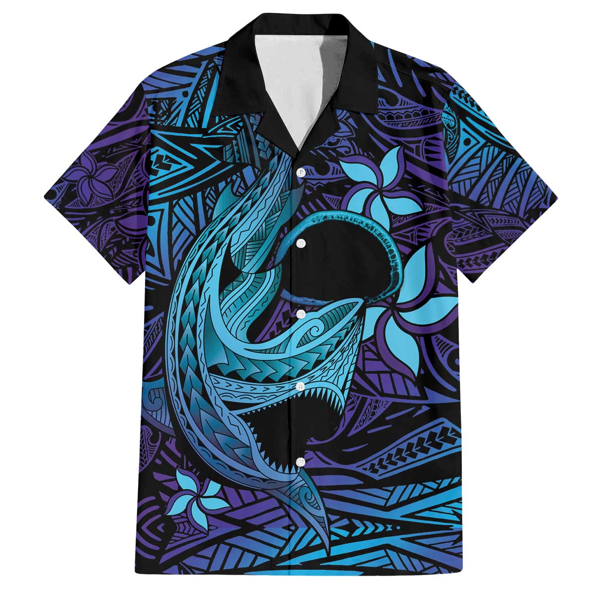 Nukuoro Atoll Family Matching Puletasi and Hawaiian Shirt Polynesian Shark Tattoo Purple Gradient Vibes LT14 Dad's Shirt - Short Sleeve Purple - Polynesian Pride