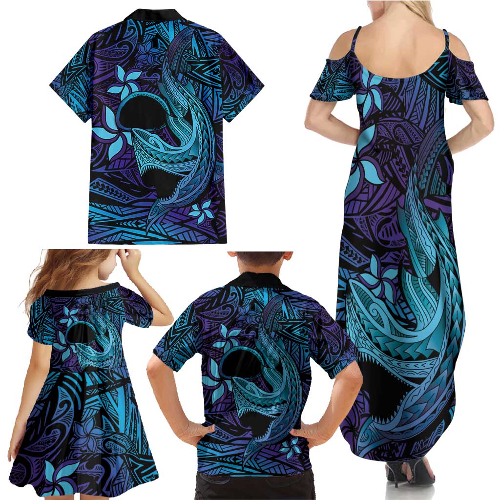 Nukuoro Atoll Family Matching Summer Maxi Dress and Hawaiian Shirt Polynesian Shark Tattoo Purple Gradient Vibes LT14 - Polynesian Pride