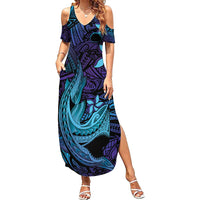 Nukuoro Atoll Family Matching Summer Maxi Dress and Hawaiian Shirt Polynesian Shark Tattoo Purple Gradient Vibes LT14 Mom's Dress Purple - Polynesian Pride