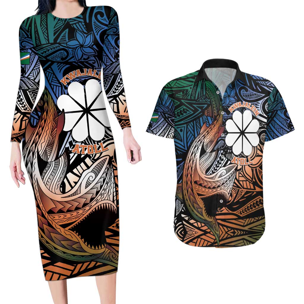 Personalised Kwajalein Atoll Couples Matching Long Sleeve Bodycon Dress and Hawaiian Shirt Polynesian Shark Tattoo Gradient Vibes LT14 Black - Polynesian Pride