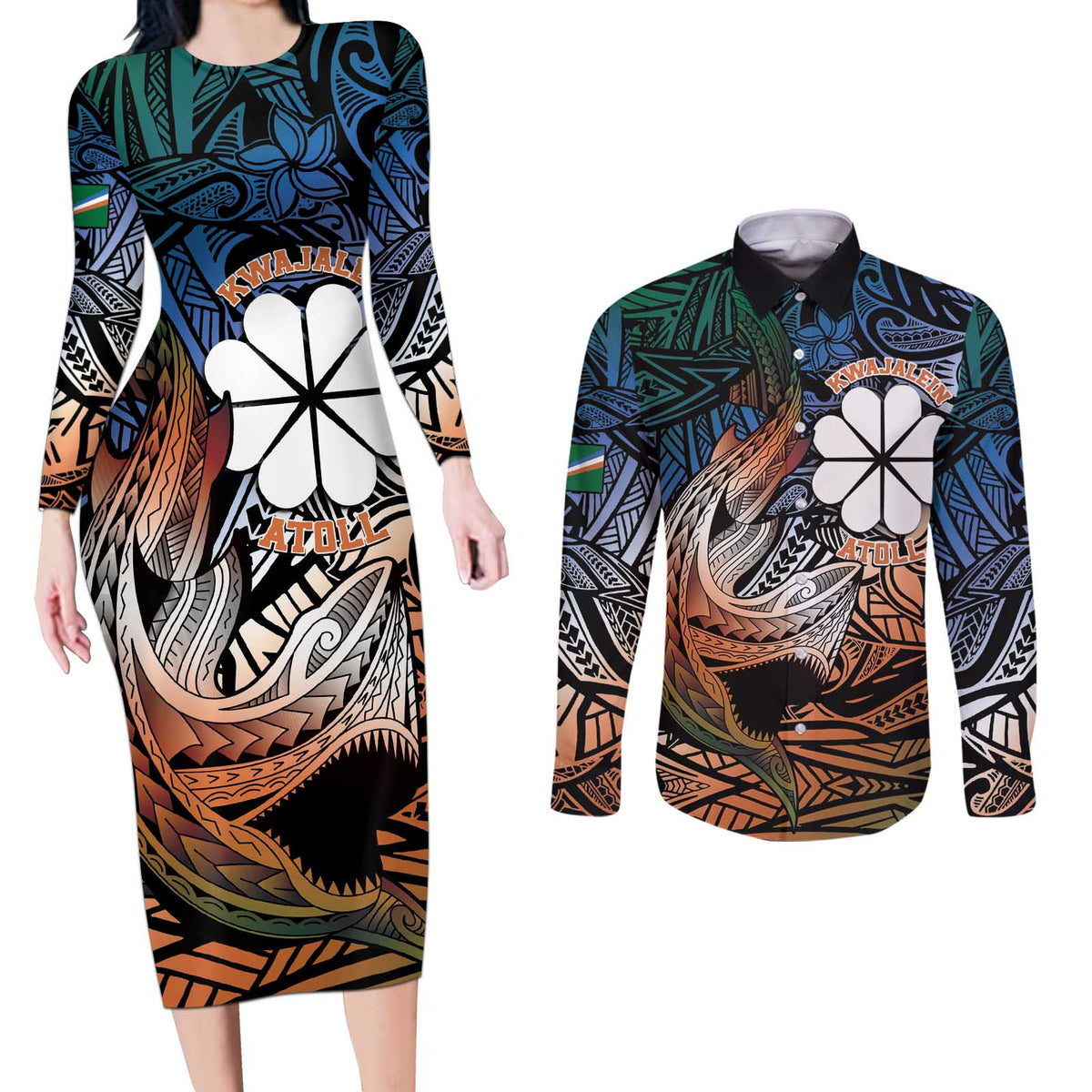 Personalised Kwajalein Atoll Couples Matching Long Sleeve Bodycon Dress and Long Sleeve Button Shirt Polynesian Shark Tattoo Gradient Vibes LT14 Black - Polynesian Pride