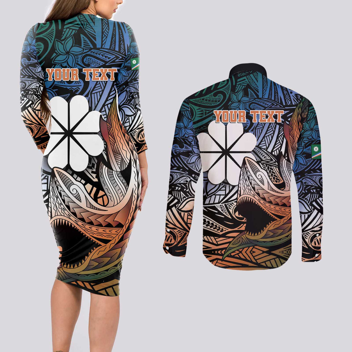 Personalised Kwajalein Atoll Couples Matching Long Sleeve Bodycon Dress and Long Sleeve Button Shirt Polynesian Shark Tattoo Gradient Vibes LT14 - Polynesian Pride